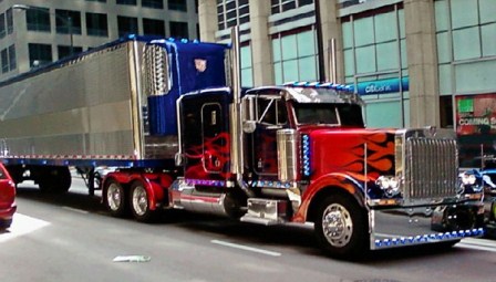 Optimus Prime Blue Peterbilt 379 truck with red flame decals